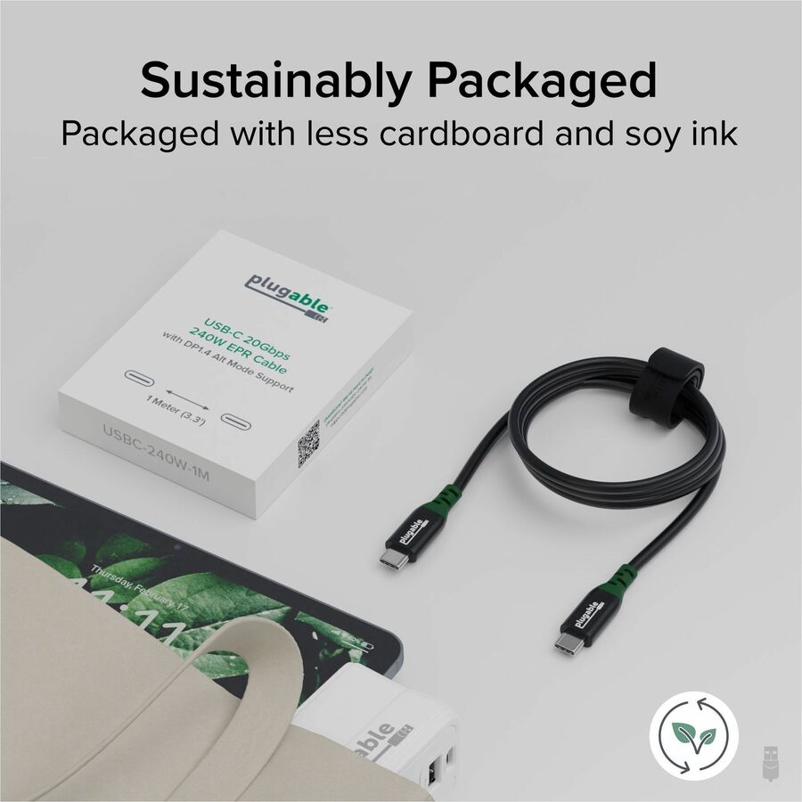Plugable USB-C to USB-C Cable with 240W Power Delivery and 20Gbps Data Transfer - 3.3 ft
