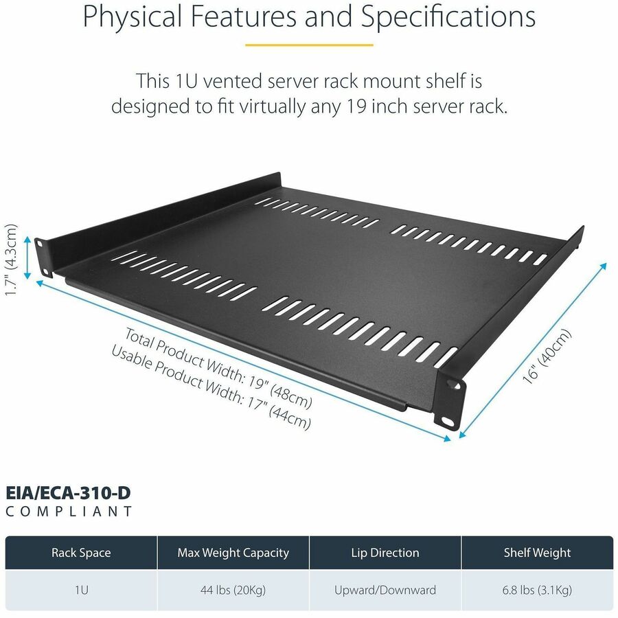 StarTech.com 1U Ventilated Rack Shelf with Cage Nuts and Screws – Dual Pack for 19-Inch Server Racks