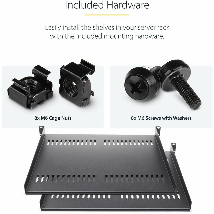 StarTech.com 1U Ventilated Rack Shelf with Cage Nuts and Screws – Dual Pack for 19-Inch Server Racks
