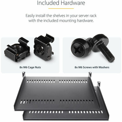 StarTech.com 1U Ventilated Rack Shelf with Cage Nuts and Screws – Dual Pack for 19-Inch Server Racks
