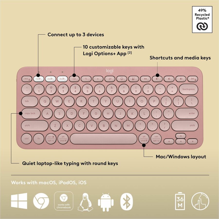Logitech Pebble Keys 2 K380s Wireless Multi-Device Keyboard in Tonal Rose