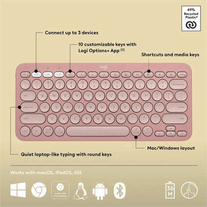 Logitech Pebble Keys 2 K380s Wireless Multi-Device Keyboard in Tonal Rose