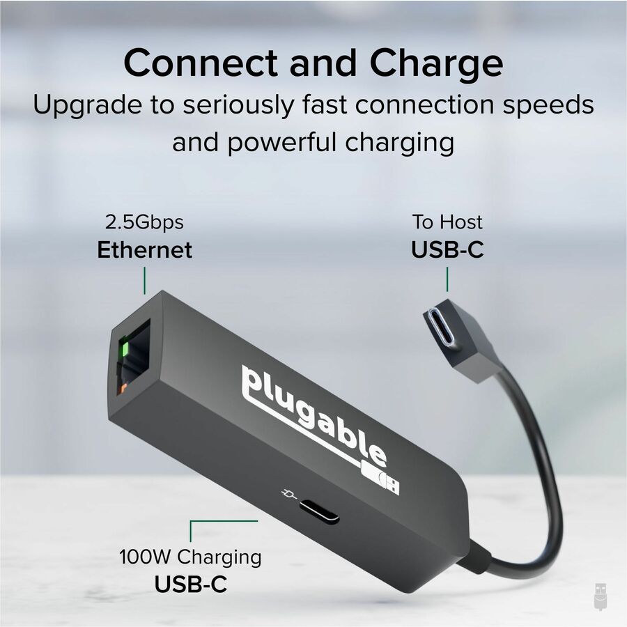 Plugable USB-C to Ethernet Adapter 2.5Gbps with 100W Power Delivery – Portable USB-C Ethernet and Charging Solution