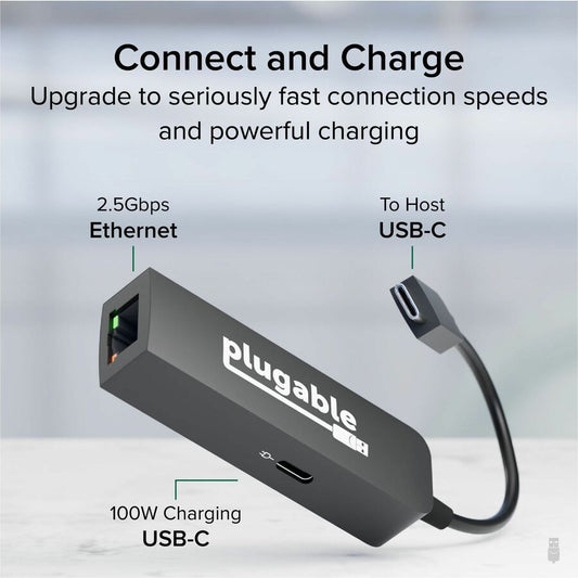Plugable USB-C to Ethernet Adapter 2.5Gbps with 100W Power Delivery – Portable USB-C Ethernet and Charging Solution