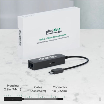 Plugable USB-C to Ethernet Adapter 2.5Gbps with 100W Power Delivery – Portable USB-C Ethernet and Charging Solution