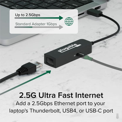 Plugable USB-C to Ethernet Adapter 2.5Gbps with 100W Power Delivery – Portable USB-C Ethernet and Charging Solution