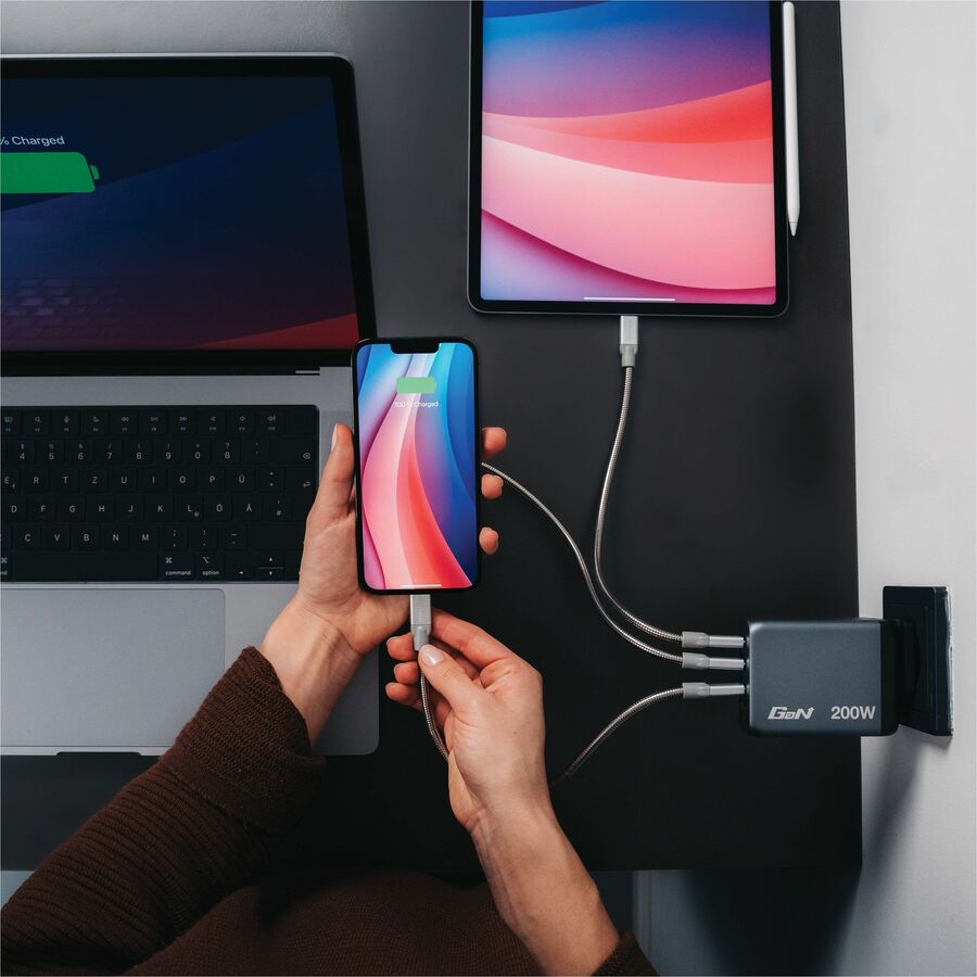 Verbatim 200W GaN Wall Charger with 3 USB-C Power Delivery Ports and USB-A Quick Charge – Compact Travel-Friendly Power Adapter