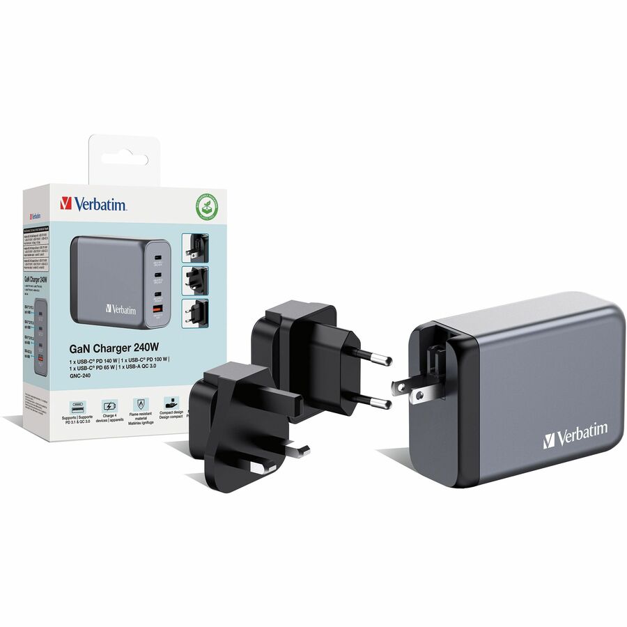 Verbatim 240W 4-Port GaN Wall Charger with USB-C Power Delivery and Quick Charge for Fast Device Charging