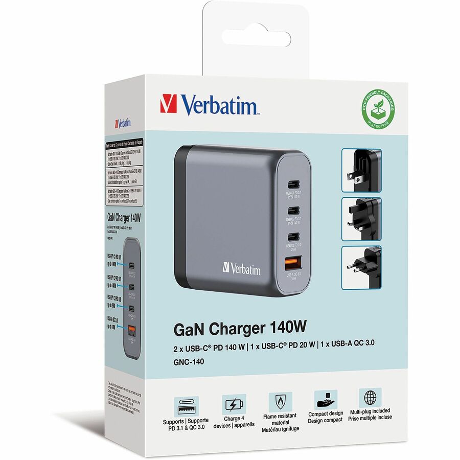 Verbatim America, LLC 140W 4-Port GaN Wall Charger with USB-C Power Delivery and Quick Charge