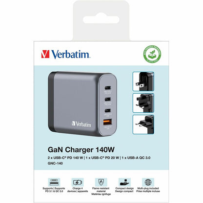 Verbatim America, LLC 140W 4-Port GaN Wall Charger with USB-C Power Delivery and Quick Charge