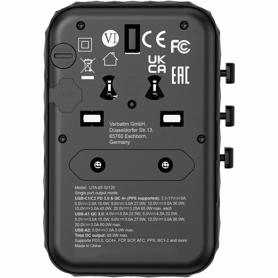 Verbatim UTA-05 GaN III Universal Travel Adapter 65W with USB-C and USB-A Ports