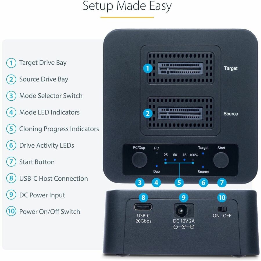 StarTech.com M2-HDD-DUPLICATOR-N1 1:1 M.2 NVMe Drive Duplicator and Cloner with USB 3.2 Gen 2x2