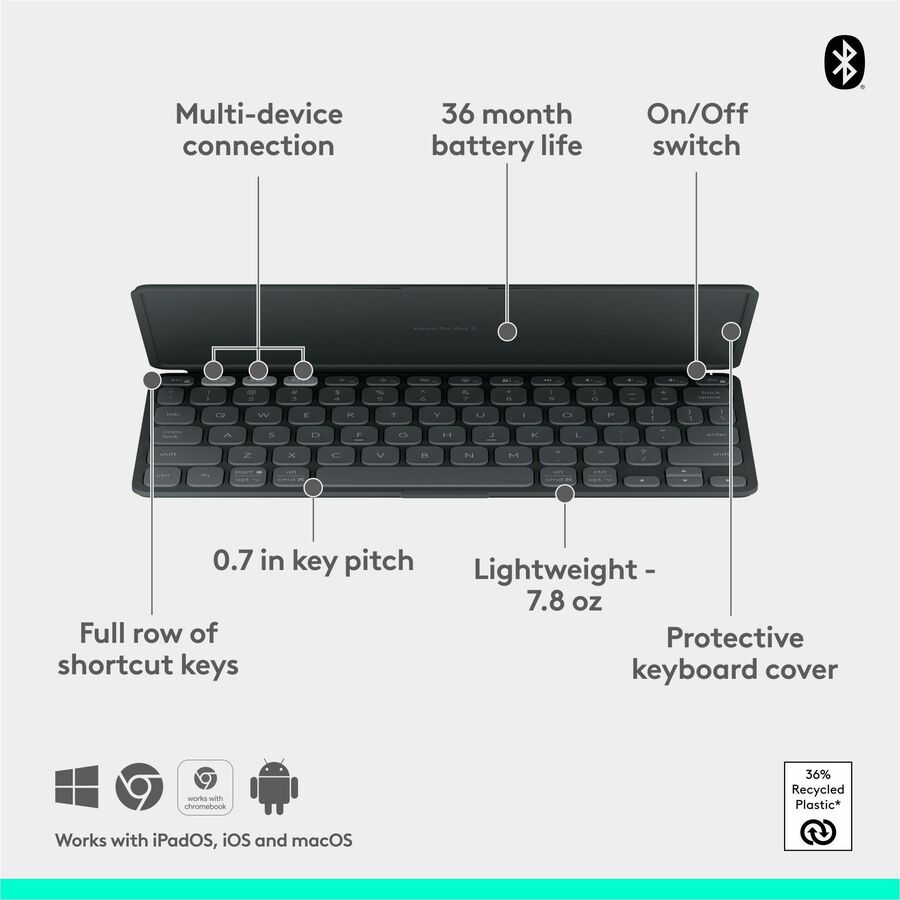 Logitech Keys-To-Go 2 Portable Bluetooth Keyboard for Tablets and Phones - Slim, Recycled Plastic Design in Graphite