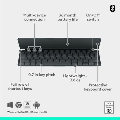 Logitech Keys-To-Go 2 Portable Bluetooth Keyboard for Tablets and Phones - Slim, Recycled Plastic Design in Graphite