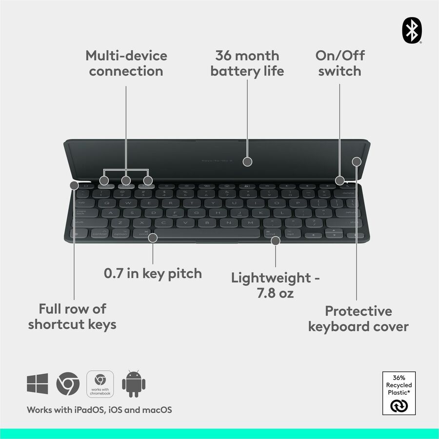 Logitech Keys-To-Go 2 Portable Wireless Keyboard with Built-in Cover for iPad, iPhone, Mac, and Apple TV - Graphite