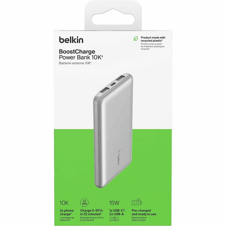 Belkin BoostCharge 10,000 mAh Portable Power Bank with 3 USB Ports - Silver