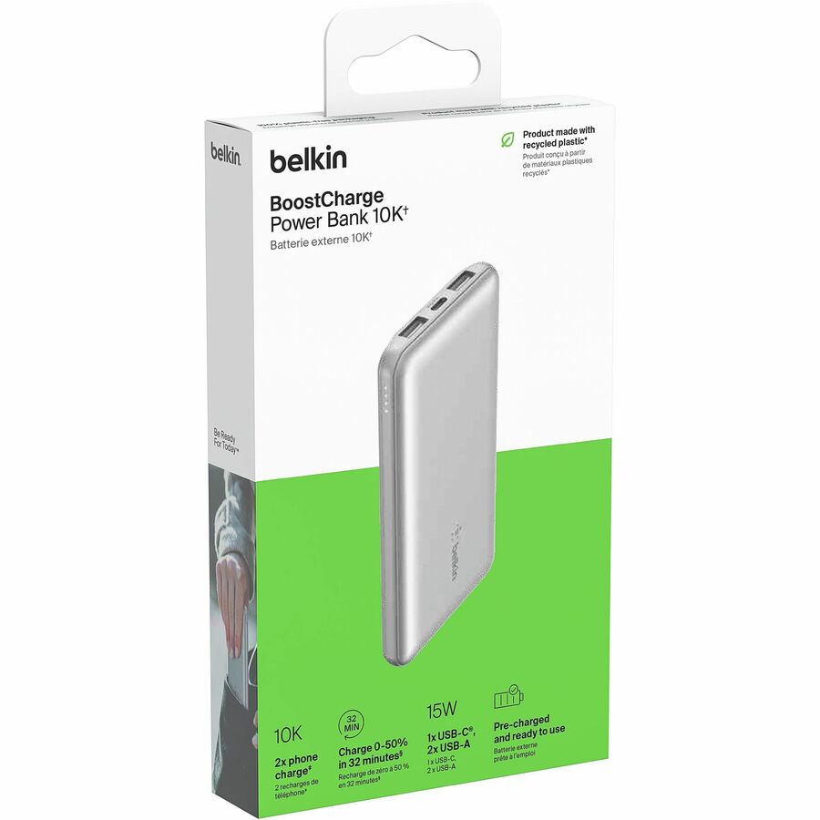 Belkin BoostCharge 10,000 mAh Portable Power Bank with 3 USB Ports - Silver