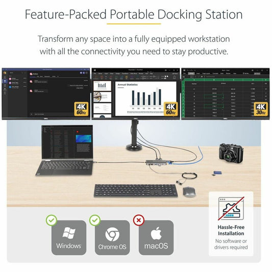 StarTech.com USB-C Triple-Monitor Multiport Adapter with Dual 4K 60Hz and 4K 30Hz Support, 4 USB-A Ports, GbE, SD Card Reader, 100W Power Delivery