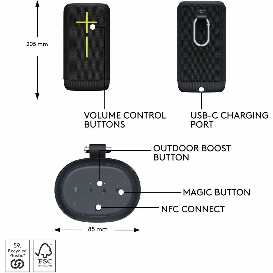 Ultimate Ears Everboom Wireless Bluetooth Portable Speaker with 360° Big Bass, IP67 Waterproof, 20-Hour Battery, Charcoal Black