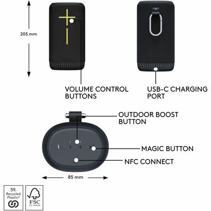 Ultimate Ears Everboom Wireless Bluetooth Portable Speaker with 360° Big Bass, IP67 Waterproof, 20-Hour Battery, Charcoal Black