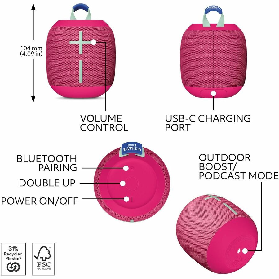 Ultimate Ears WONDERBOOM 4 Portable Waterproof Bluetooth Speaker – Pink
