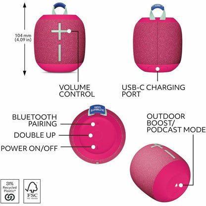 Ultimate Ears WONDERBOOM 4 Portable Waterproof Bluetooth Speaker – Pink