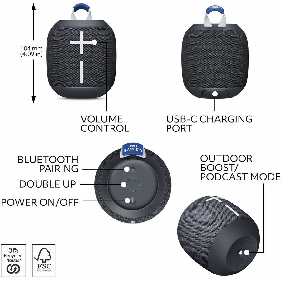 Ultimate Ears WONDERBOOM 4 Portable Waterproof Bluetooth Speaker with 360-Degree Sound and Big Bass - Black