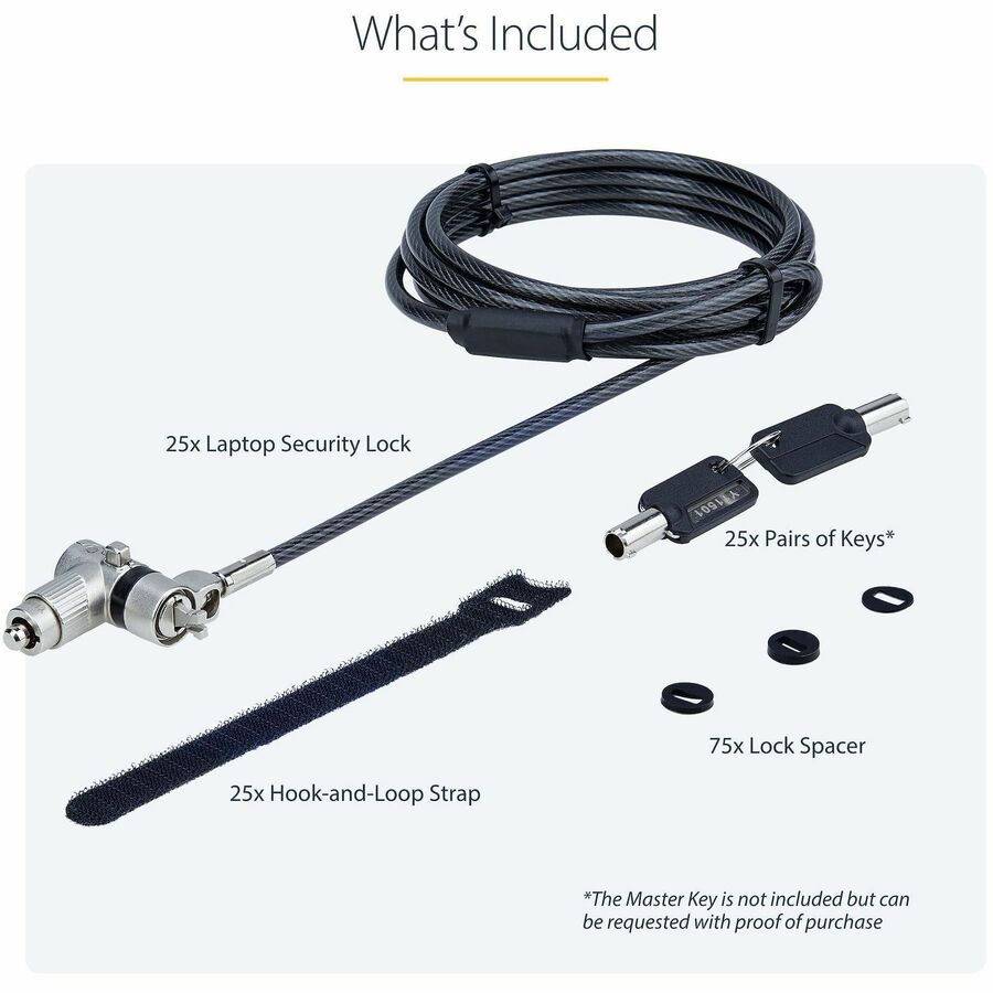 StarTech.com 25-Pack Universal Laptop Lock with 6.6ft Cable – Master Keyed Security Cable for Laptops and Office Equipment