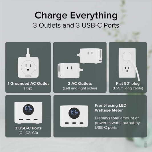 Plugable 67W USB-C Power Strip and Charging Station Extension Cord (PS3-METER3)