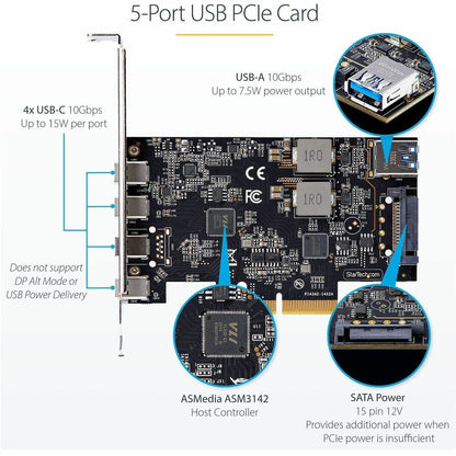StarTech.com 5-Port USB PCIe Expansion Card with USB 3.2 Gen 2 10Gbps Ports and Internal USB-A Support