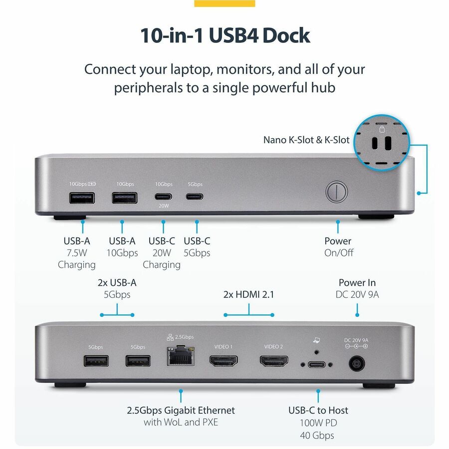 StarTech.com Dual-Monitor USB4 Docking Station with 2x HDMI 2.1, 100W Charging, 2.5GbE, Supports Dual 4K 120Hz and 8K Resolutions
