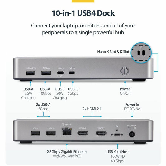 StarTech.com Dual-Monitor USB4 Docking Station with 2x HDMI 2.1, 100W Charging, 2.5GbE, Supports Dual 4K 120Hz and 8K Resolutions