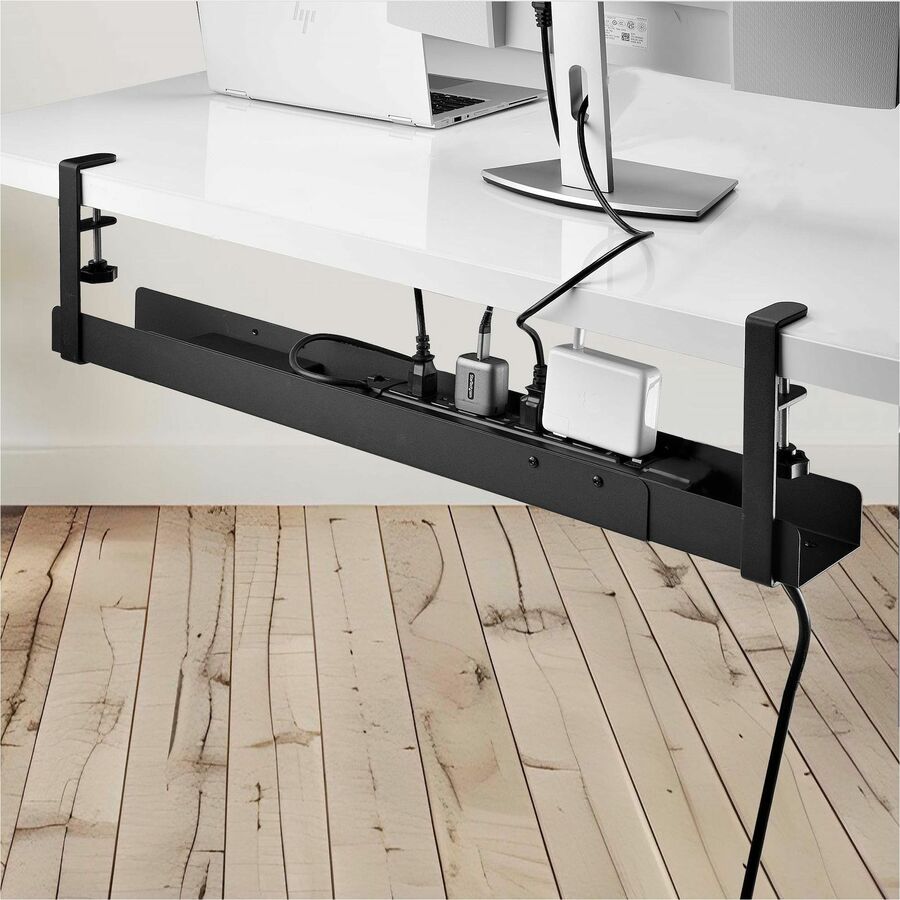 StarTech.com Under Desk Cable Management Tray, Length Adjustable, Clamp-On Installation, Black