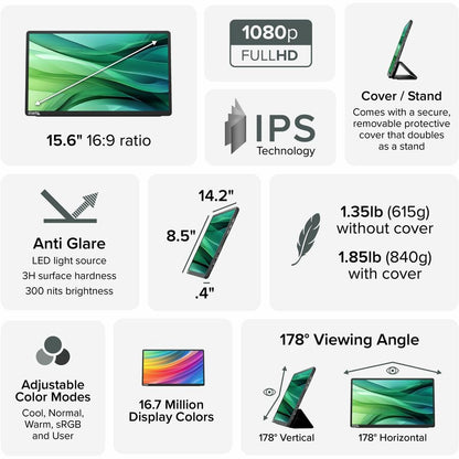 Plugable USB-C Portable Monitor 15.6 Inch with 100W Pass-Through Charging and IPS Display