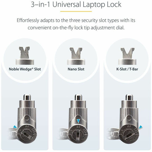 StarTech.com 3-in-1 Universal Laptop Lock with 6.6ft Cut-Resistant Cable and Master Keyed Lock