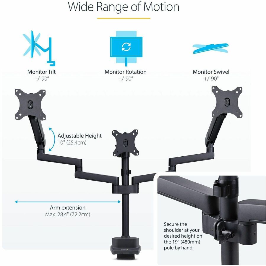 StarTech.com Triple Monitor Desk Mount for Up to 27-Inch Screens, VESA 75x75/100x100, Tool-Less Adjustments, C-Clamp or Grommet Mount