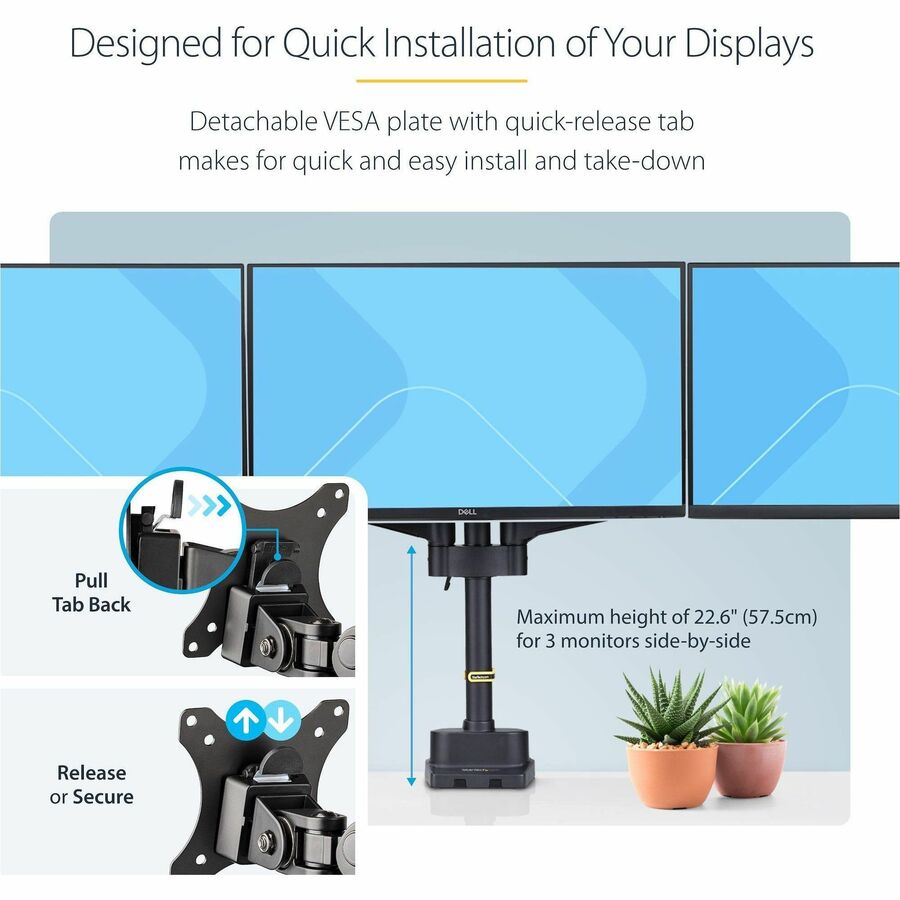 StarTech.com Triple Monitor Desk Mount for Up to 27-Inch Screens, VESA 75x75/100x100, Tool-Less Adjustments, C-Clamp or Grommet Mount