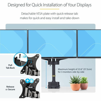 StarTech.com Triple Monitor Desk Mount for Up to 27-Inch Screens, VESA 75x75/100x100, Tool-Less Adjustments, C-Clamp or Grommet Mount