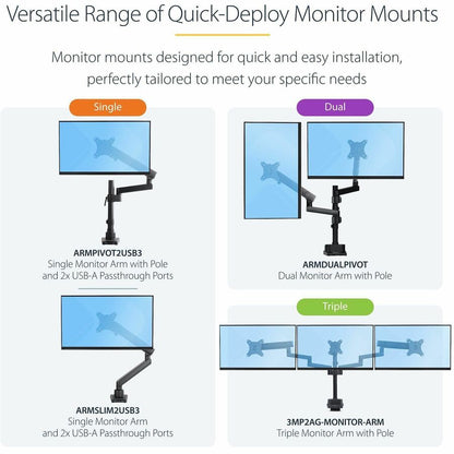 StarTech.com Triple Monitor Desk Mount for Up to 27-Inch Screens, VESA 75x75/100x100, Tool-Less Adjustments, C-Clamp or Grommet Mount