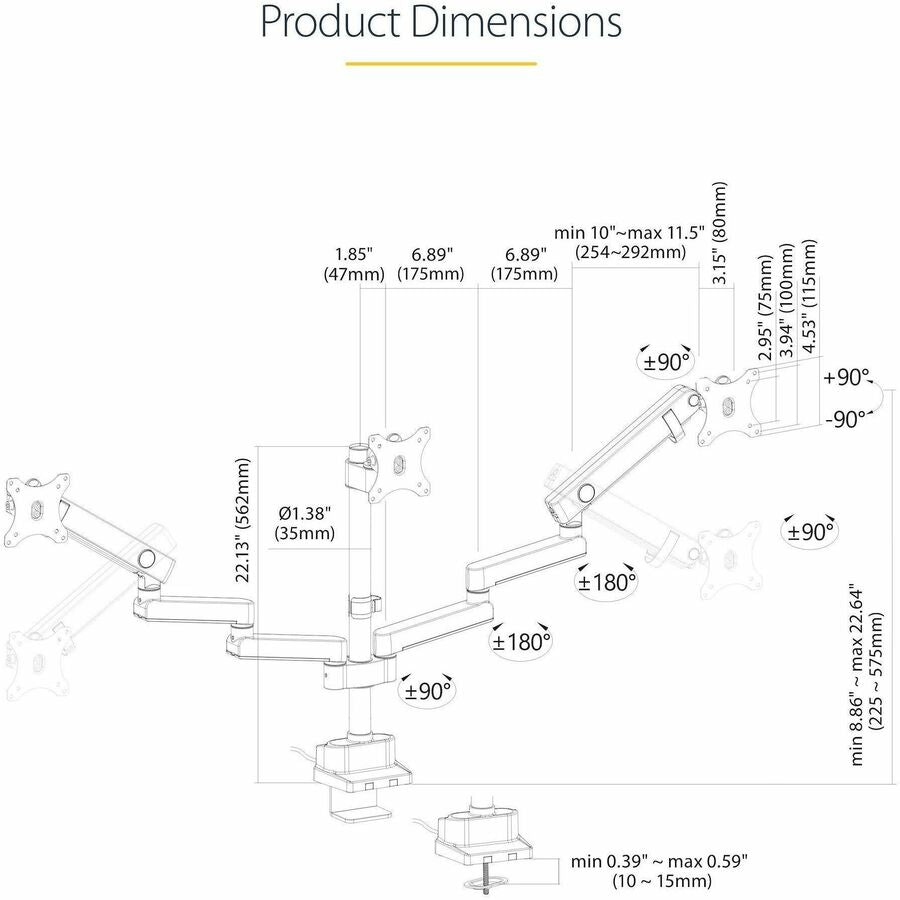 StarTech.com Triple Monitor Desk Mount for Up to 27-Inch Screens, VESA 75x75/100x100, Tool-Less Adjustments, C-Clamp or Grommet Mount