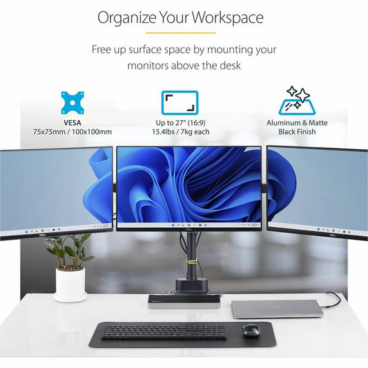 StarTech.com Triple Monitor Desk Mount for Up to 27-Inch Screens, VESA 75x75/100x100, Tool-Less Adjustments, C-Clamp or Grommet Mount