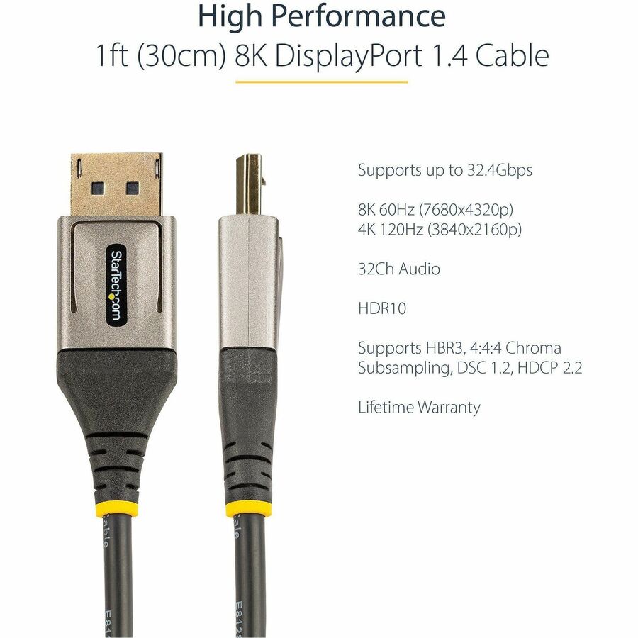 StarTech.com 1ft DisplayPort 1.4 Cable for 8K UHD Video – Supports HDR10, MST, 32.4Gbps