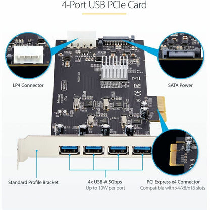 StarTech.com 4-Port USB PCIe Expansion Card with 5Gbps USB 3.2 Ports and Independent Controllers