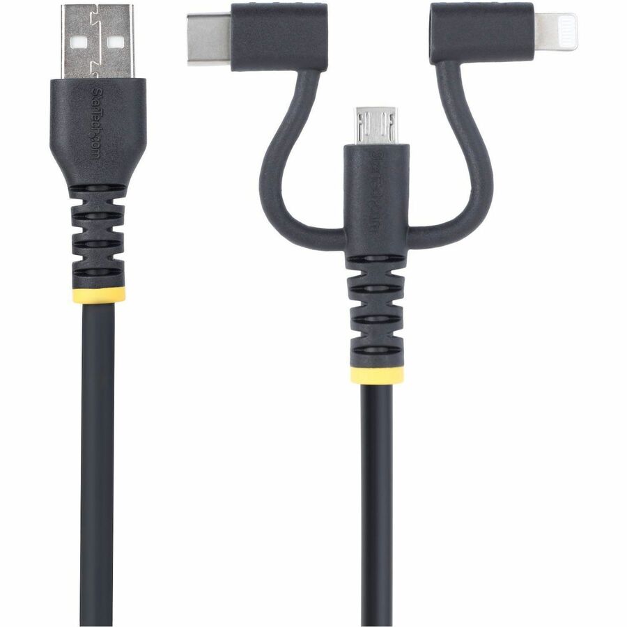 StarTech.com 3.3ft Rugged USB Multi Charging Cable with Lightning, Micro-USB, and USB-C - Apple MFi Certified
