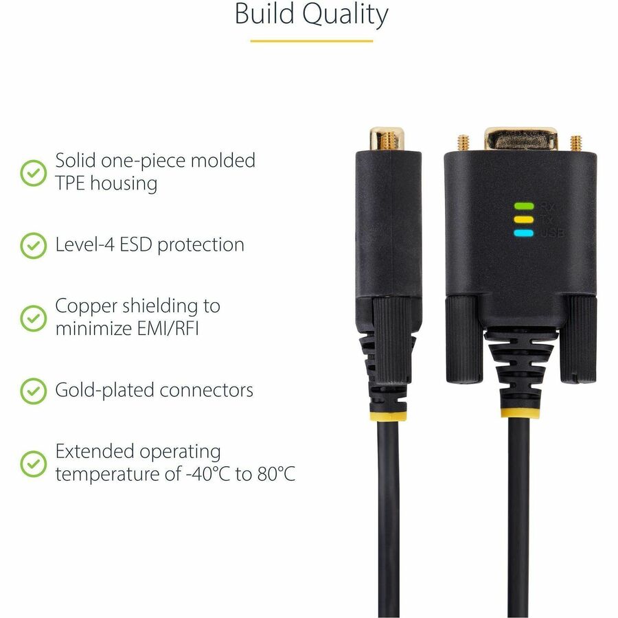 StarTech.com 6.6ft USB to Serial Adapter Cable with COM Retention and FTDI Chip - DB9 RS-232, Interchangeable DB9 Screws/Nuts for Windows, macOS, Linux