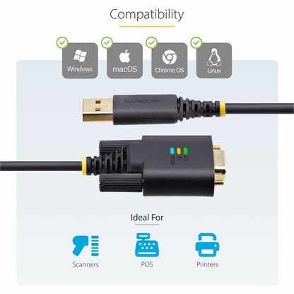 StarTech.com 6.6ft USB to Serial Adapter Cable with COM Retention and FTDI Chip - DB9 RS-232, Interchangeable DB9 Screws/Nuts for Windows, macOS, Linux