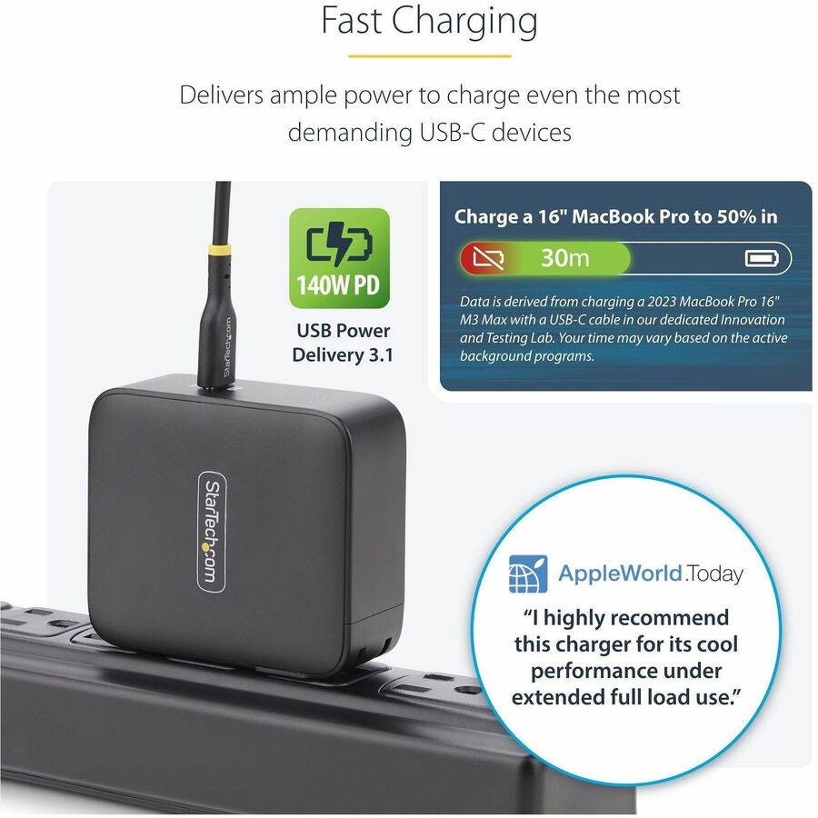 StarTech.com 140W USB-C GaN Wall Charger with USB-IF Certification and 6ft USB-C Cable