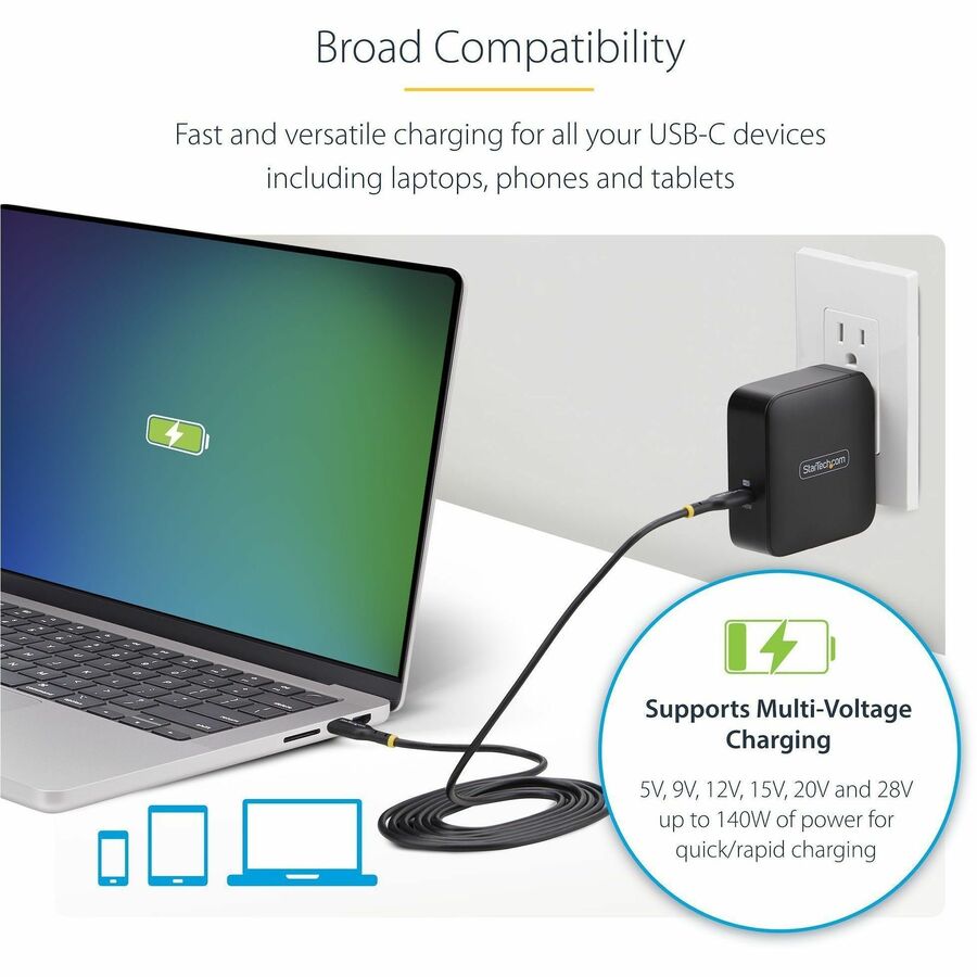 StarTech.com 140W USB-C GaN Wall Charger with USB-IF Certification and 6ft USB-C Cable