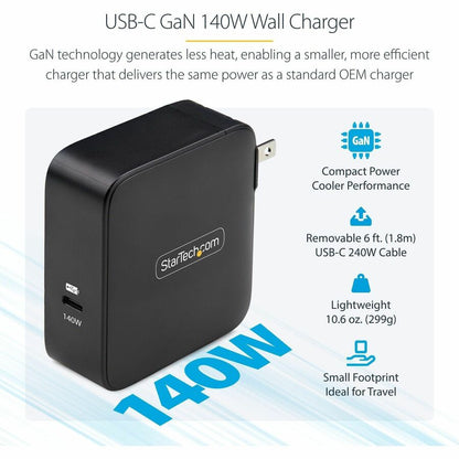 StarTech.com 140W USB-C GaN Wall Charger with USB-IF Certification and 6ft USB-C Cable