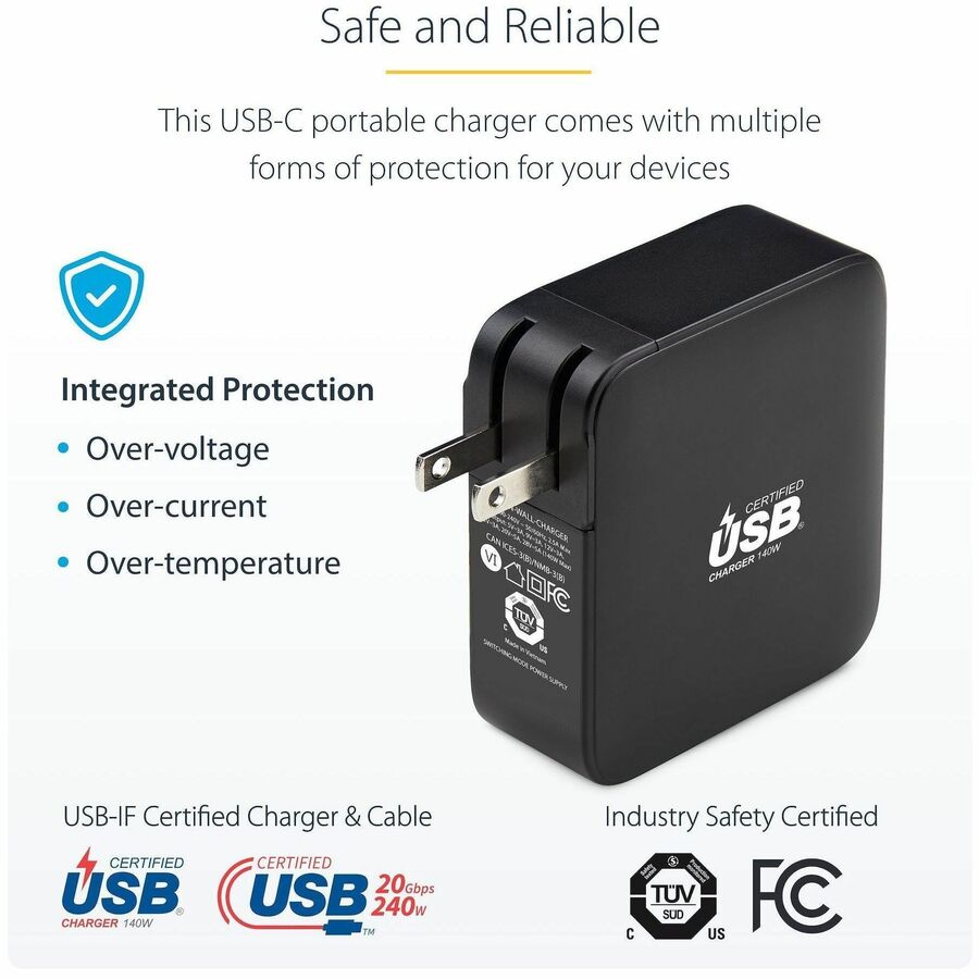StarTech.com 140W USB-C GaN Wall Charger with USB-IF Certification and 6ft USB-C Cable
